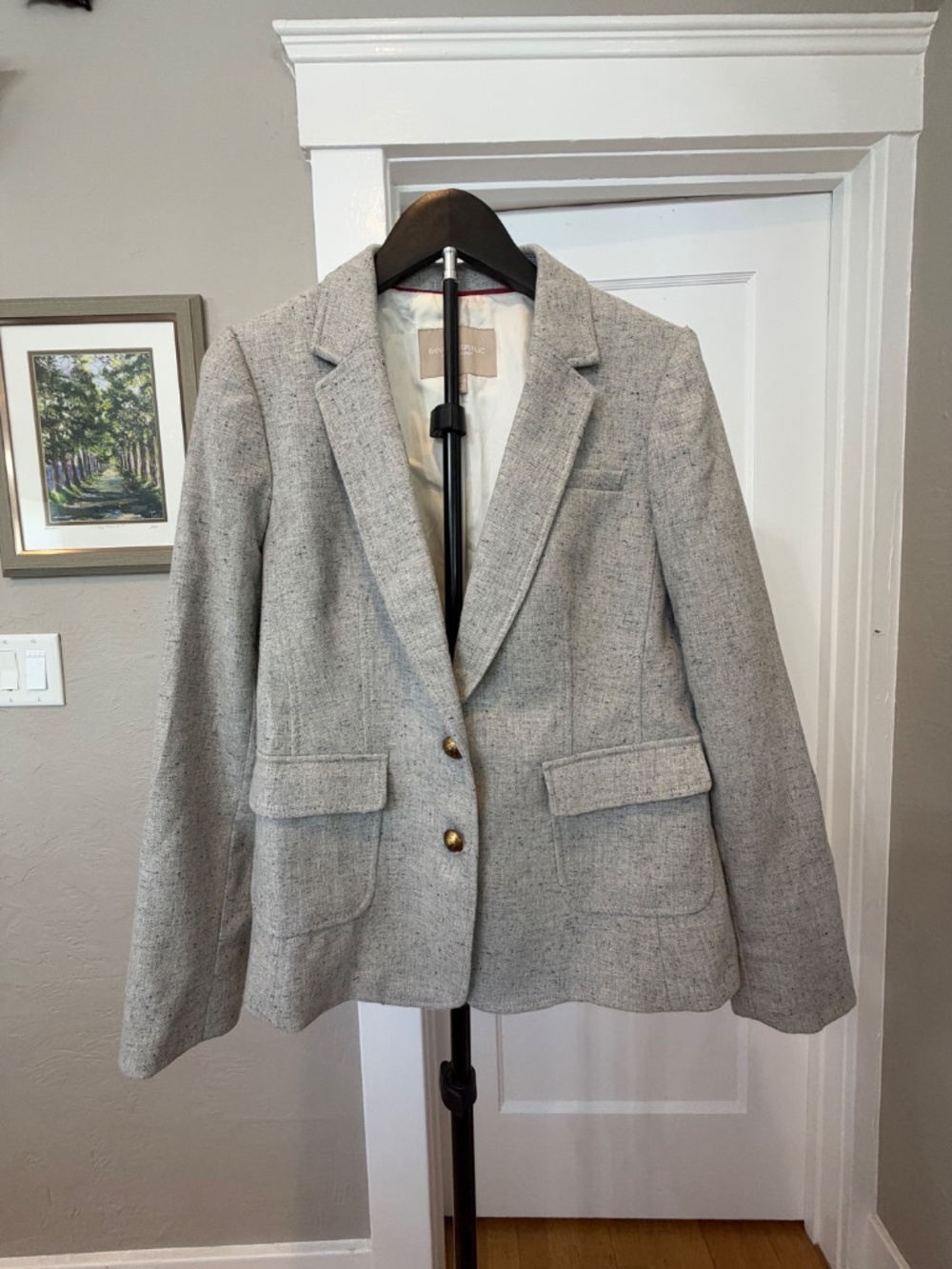 Banana Republic Wool Blend Blazer Jacket Grey Blue White Striped Lining 8 Petite